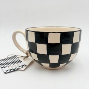 Hand Painted Checkered Mug Coffee Tea Cup Ceramic Checkerboard Black White
